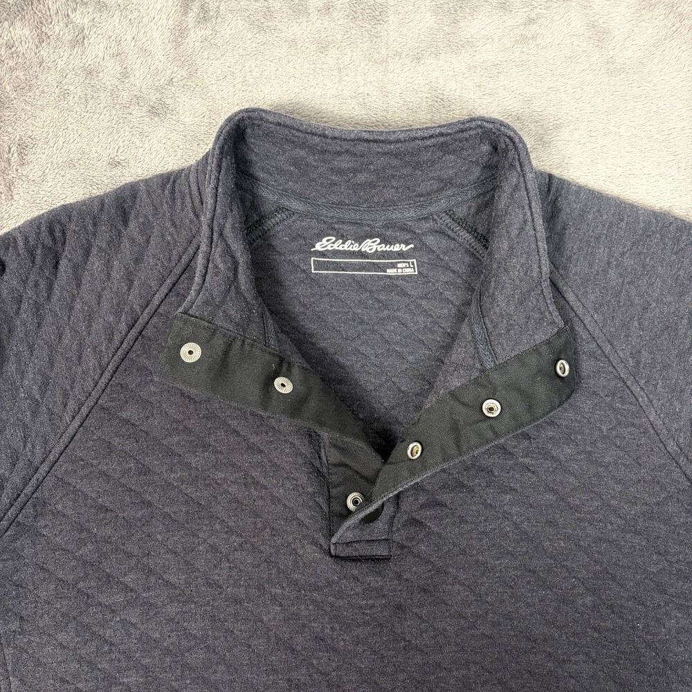 Eddie Bauer Quilted Henley‎ Sweater Mens Large Gray Pullover 1/4 Snap Jacket - Picture 3 of 8